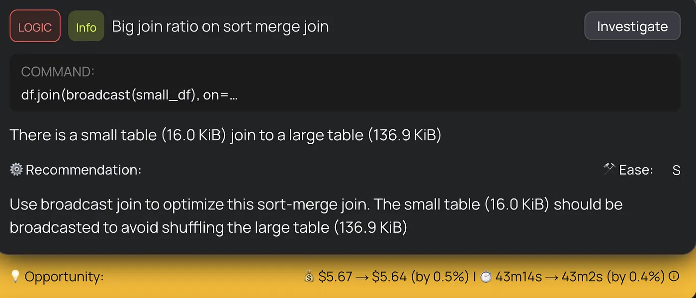 DataFlint detected a small table (16.0 KiB) being sort-merge joined to a large table, a clear candidate for broadcast join optimization.